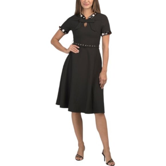 DALIA MACPHEE Short Sleeve Embellished Trim Bow Tie Neck Dress - Picture 1 of 4